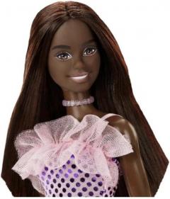 Papusa - Barbie Fashionistas -  Tinuta stralucitoare - Bruneta cu rochita mov