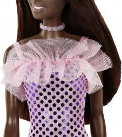Papusa - Barbie Fashionistas -  Tinuta stralucitoare - Bruneta cu rochita mov