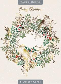 Set 8 felicitari - Luxury Gold Robins On Wreath, doua modele