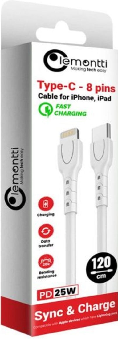 Cablu Type-C la tip Lightning, 1.2m, Alb - Lemontti