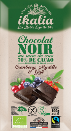 Tableta de ciocolata neagra 70% cu cocos si fructe bio