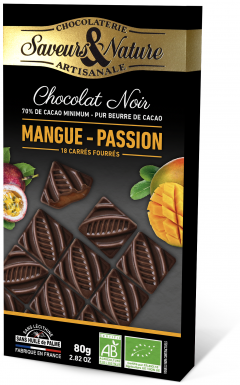 Ciocolata neagra cu mango si fructul pasiunii - Carres Fourres Passion Mangue Noir BIO