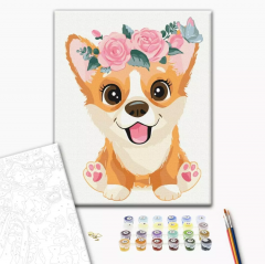 Set pictura pe numere - Corgi in a wreath, 30x40 cm