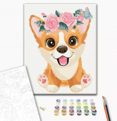Set pictura pe numere - Corgi in a wreath, 40x50 cm
