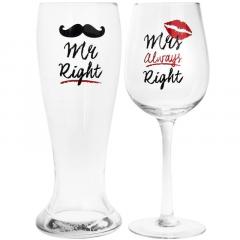 Set pahar pentru vin si bere - Mr Right & Mrs Always Right