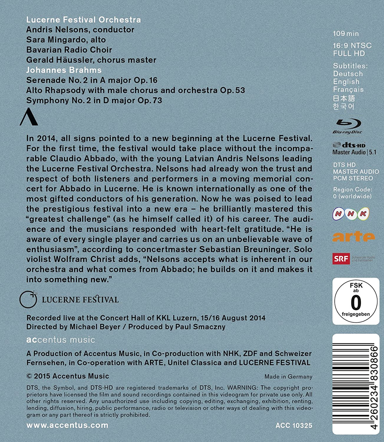 Brahms: Serenate No. 2, Alto Rhapsody, Symphony No. 2 (Blu-Ray