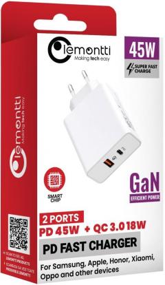 Incarcator Retea - Fast Charge 45W 1 x PD Type-C + 1 x USB-A Quick Charge 3.0