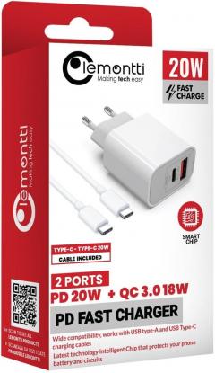 Incarcator Retea - Fast Charge 20W 1 x PD Type-C + 1 x USB-A Quick Charge 3.0 si cablu Type-C-Type-C 20W