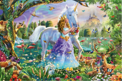Puzzle 150 piese - Princess, unicorn and castle