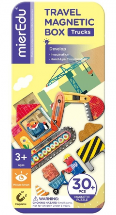 Puzzle magnetic in cutie metalica - Camioane, 30 piese