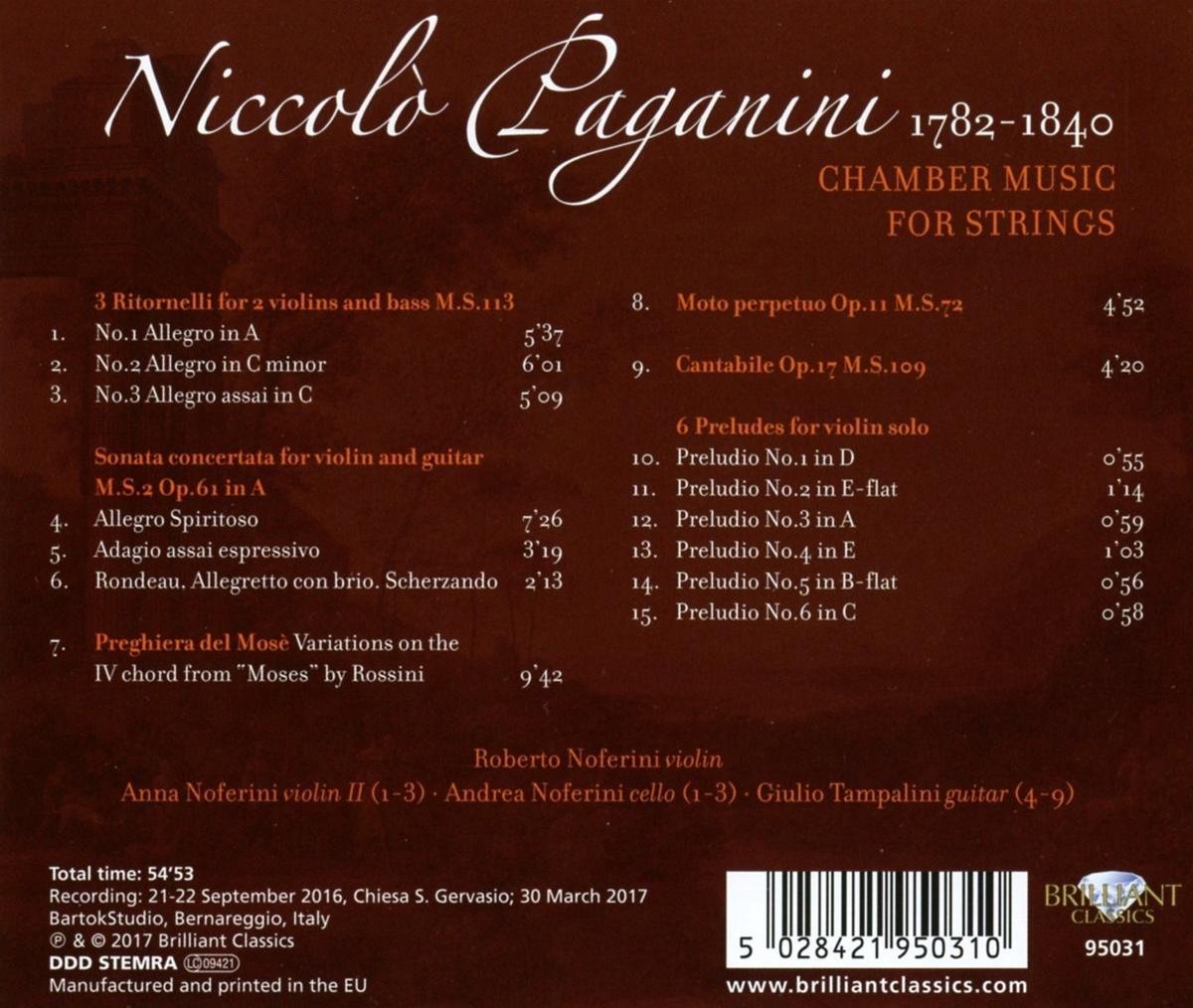 Paganini Chamber Music for Strings Nicolo Paganini, Roberto Noferini
