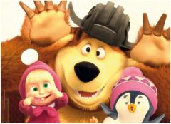 Puzzle cu doua fete - Masha and the Bear - Fete Comice - 48 piese + 6 carioci