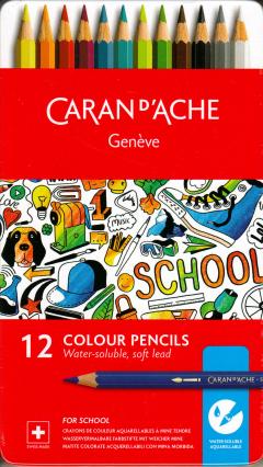 Set 12 creioane colorate acuarelabile in cutie metalica - School Line