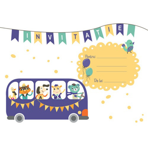 Set 10 Invitatii Petrecere Pentru Copii Bus Party Mink