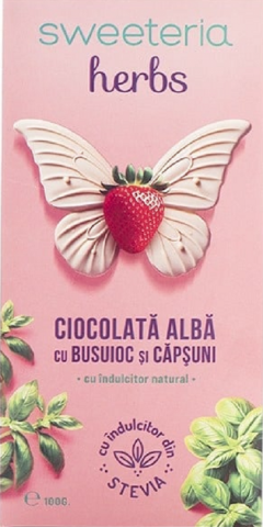 Ciocolata alba cu busuioc si capsuni cu stevia (fara zahar) - Sweeteria herbs, 100g