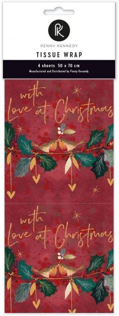 Hartie de impachetat - With Love At Christmas Tissue Wrapping Paper,  4 Sheets 70x50