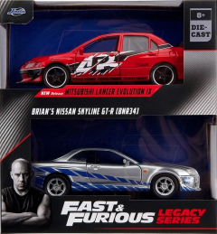 Set 2 masinute metalice - Fast & Furious Legacy Series - Mitsubishi Lancer Evolution IX si Nissan Skyline GT-R(BNR34) a lui Brian