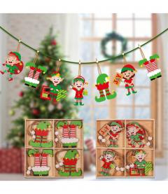 Set 12 decoratiuni Craciun - Turta dulce / Spiridusi / Clopotei, din lemn (mai multe modele)