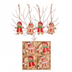 Set 12 decoratiuni Craciun - Turta dulce / Spiridusi / Clopotei, din lemn (mai multe modele)