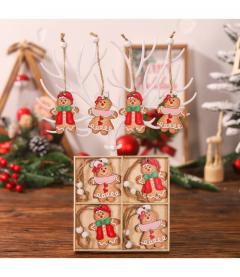 Set 12 decoratiuni Craciun - Turta dulce / Spiridusi / Clopotei, din lemn (mai multe modele)