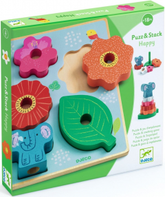 Puzzle din lemn si joc de asamblat (2 in 1) - Happy, 7 piese