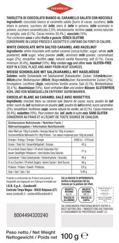 Tableta de ciocolata alba cu caramel sarat si alune de padure, 100 g