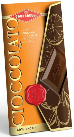 Tableta de ciocolata neagra cu portocala confiata, 100 g