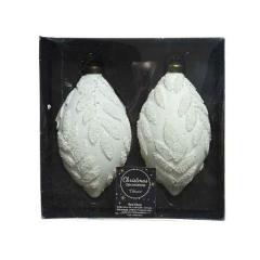 Set 2 globuri decorative - Olive Glitter Leaf Relief - White