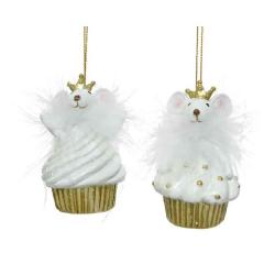 Ornament brad - Mouse with Cupcake - White and Gold - mai multe modele