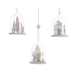 Ornament brad - Glass Bell with Wooden Figurine - White - mai multe modele