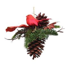Ornament - Deco Pineconehanger with Bird - Green and Red
