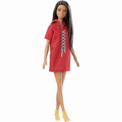 Papusa - Barbie Bruneta cu rochie tip hanorac rosie