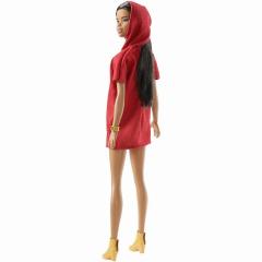 Papusa - Barbie Bruneta cu rochie tip hanorac rosie