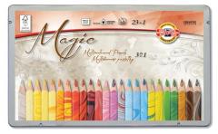 Set 24 Creioane Triunghiulare cu Mina Multicolora in cutie metalica