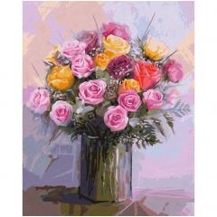 Kit pictura cu numere - A Bunch of Roses in Pastel Colors, 40x50 cm