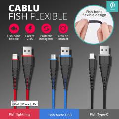 Devia Cablu Fish MicroUSB Blue (1.5m, impletitura nylon, 2.4A)