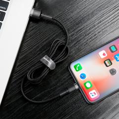 Baseus Cablu Cafule Series USB la Lightning Gray &amp; Black (1m, 2.4A, 480Mbps, impletitura textila)