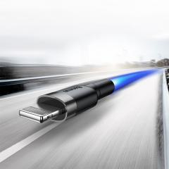 Baseus Cablu Cafule Series USB la Lightning Gray &amp; Black (1m, 2.4A, 480Mbps, impletitura textila)