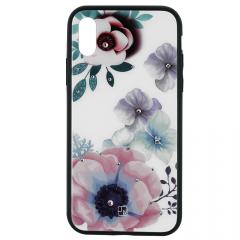 Just Must Carcasa Glass Diamond Print iPhone XS Max Flowers White Backgound (spate din sticla cu cristale, interior si margini cauciucate negre)
