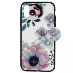 Just Must Carcasa Glass Diamond Print iPhone XS Max Flowers White Backgound (spate din sticla cu cristale, interior si margini cauciucate negre)
