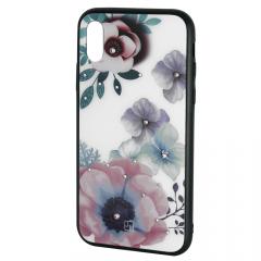 Just Must Carcasa Glass Diamond Print iPhone XS Max Flowers White Backgound (spate din sticla cu cristale, interior si margini cauciucate negre)