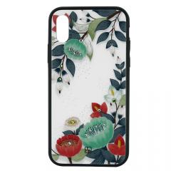 Just Must Carcasa Glass Diamond Print iPhone XS Max Orange &amp; Green Flowers (spate din sticla cu cristale, interior si margini cauciucate negre)