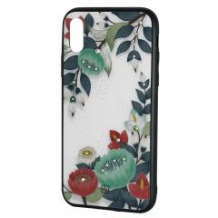 Just Must Carcasa Glass Diamond Print iPhone XS Max Orange &amp; Green Flowers (spate din sticla cu cristale, interior si margini cauciucate negre)