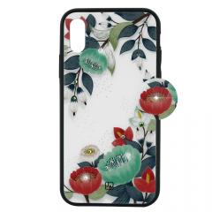 Just Must Carcasa Glass Diamond Print iPhone XS Max Orange &amp; Green Flowers (spate din sticla cu cristale, interior si margini cauciucate negre)