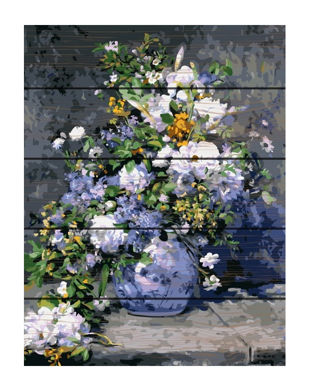 Set pictura cu numere pe lemn - Blue Flowers, 40x50 cm - Acuarello